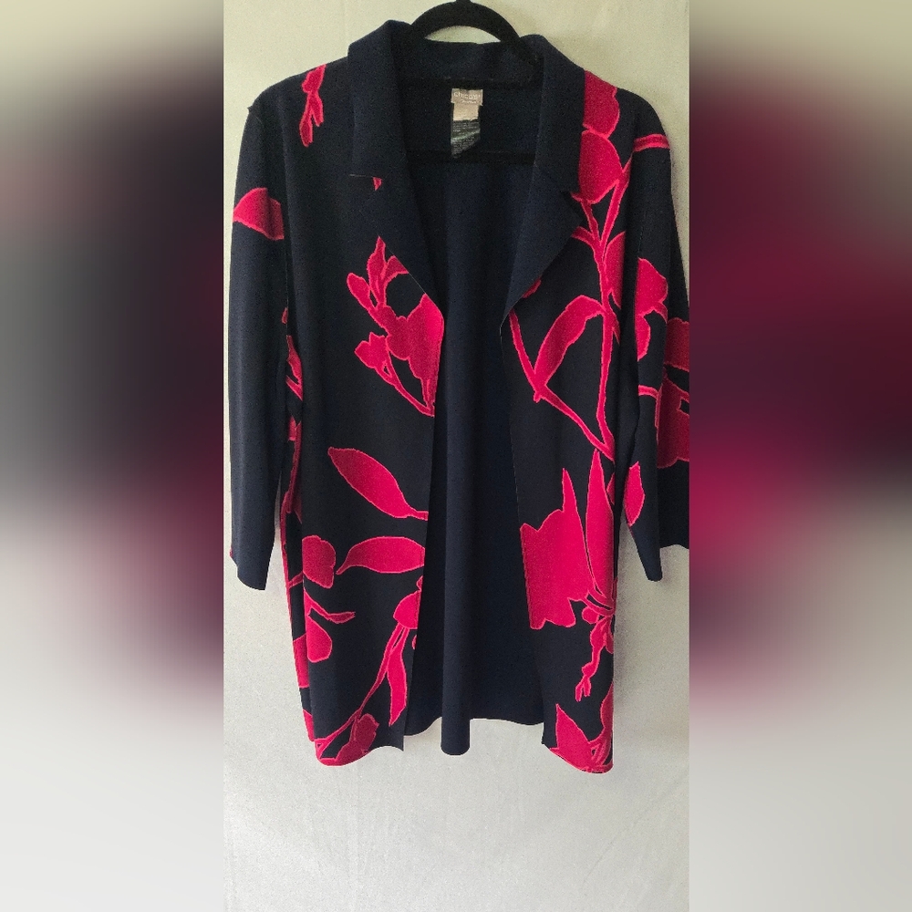 Chico's Travelers Navy Blue/Pink Floral Kimono Cardigan Jacket Women's 3/16-18